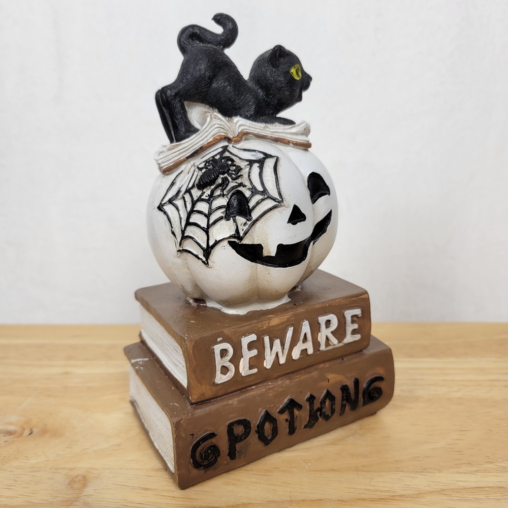 Witchy Halloween Potion Books Figurine 7" Black Cat & Jack-O-Lantern Spooky Chic